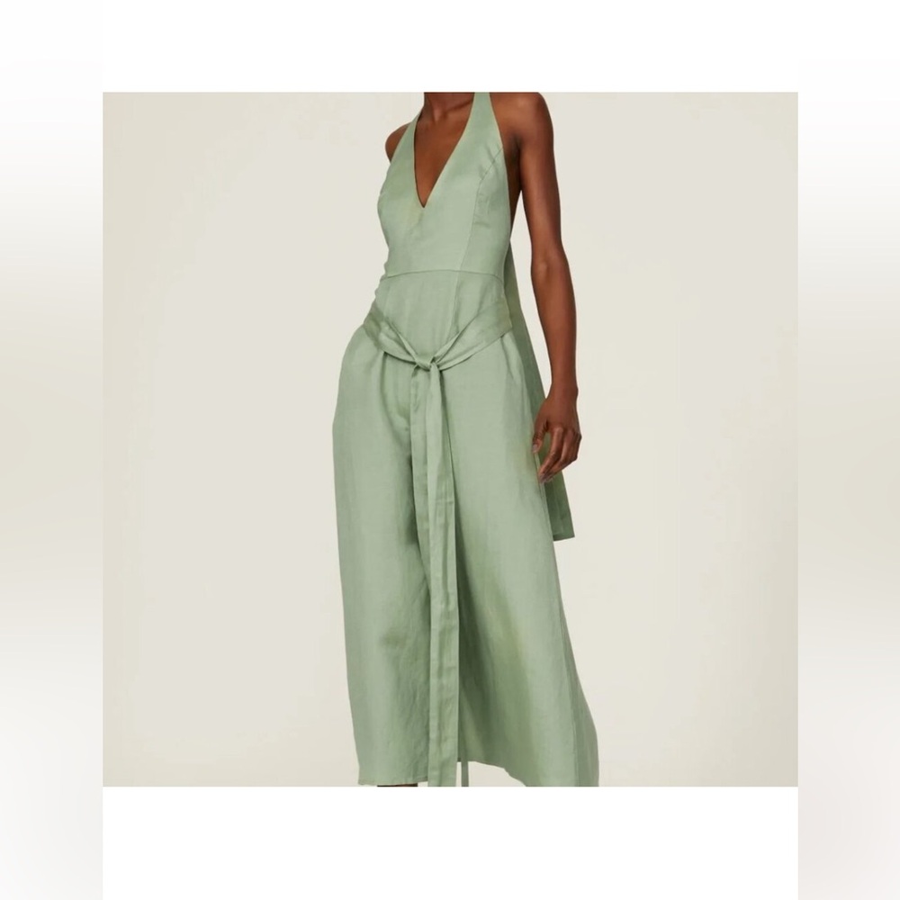 Saunders Maria Dress Green Linen Halter Midi Tie Waist Size 8